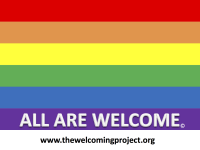 Rainbow flag with "All are welcome. www.thewelcomingproject.org"